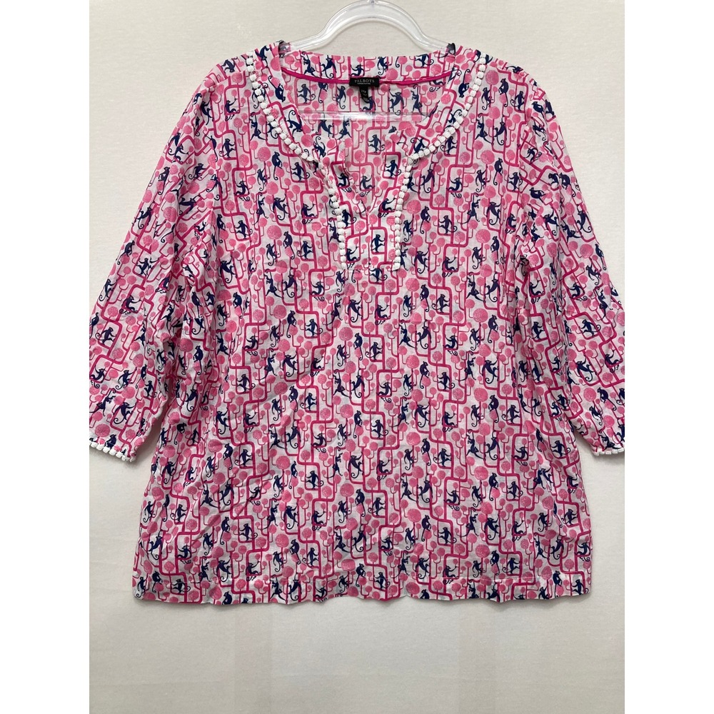 Talbots Tunic Size 2XP Pink Blue Monkey Print Pom Pom Detail Split Neck Popover